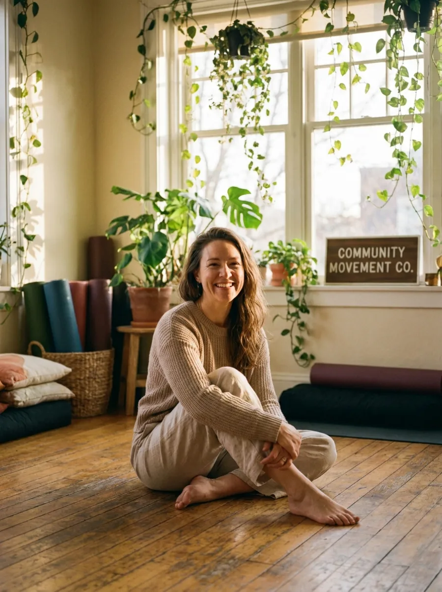 Renn, Marigold's founder, sitting cross-legged and smiling in the sunlit studio.