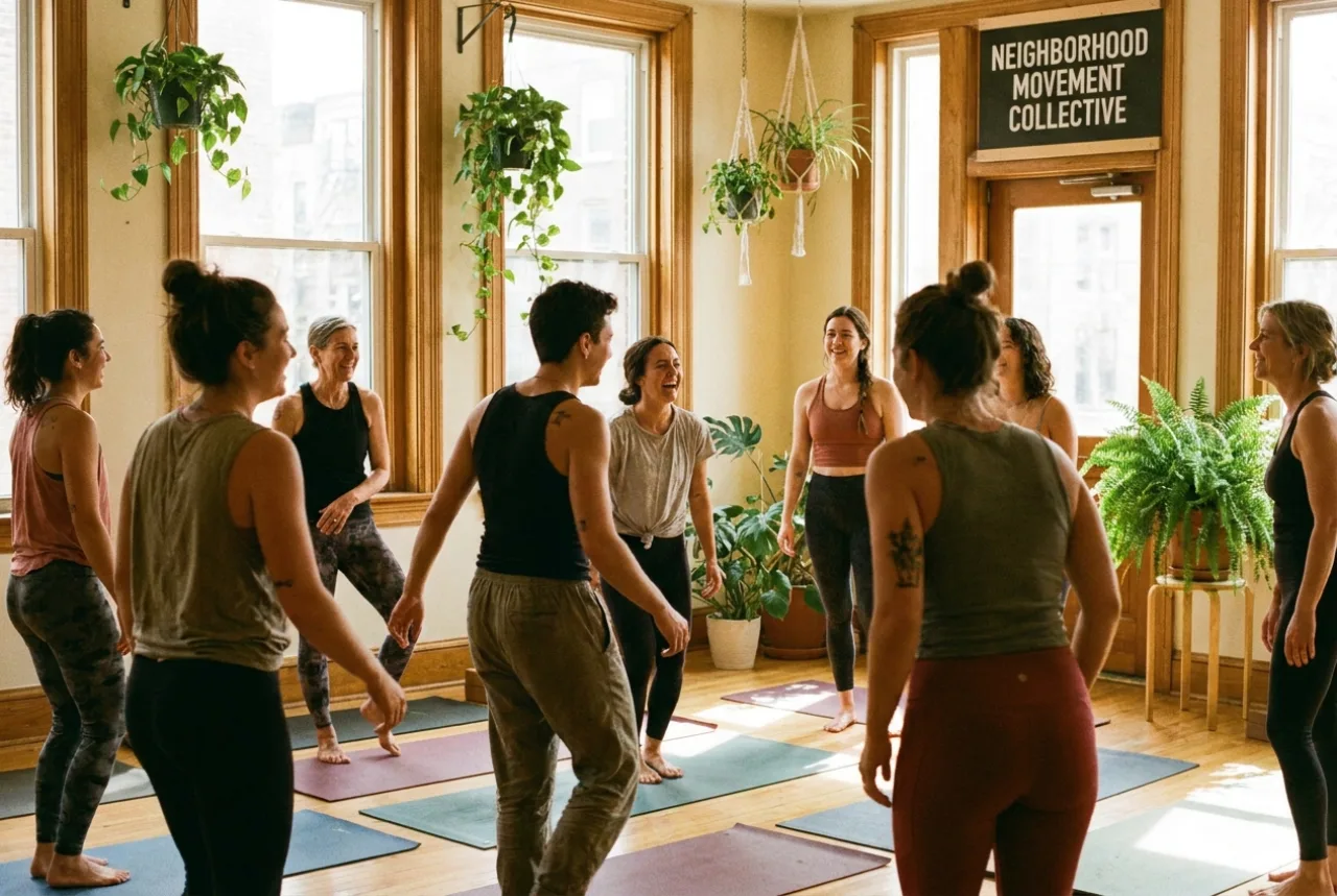 A warm, sunlit Marigold class, a circle of people of all ages laughing together on their mats among hanging plants.