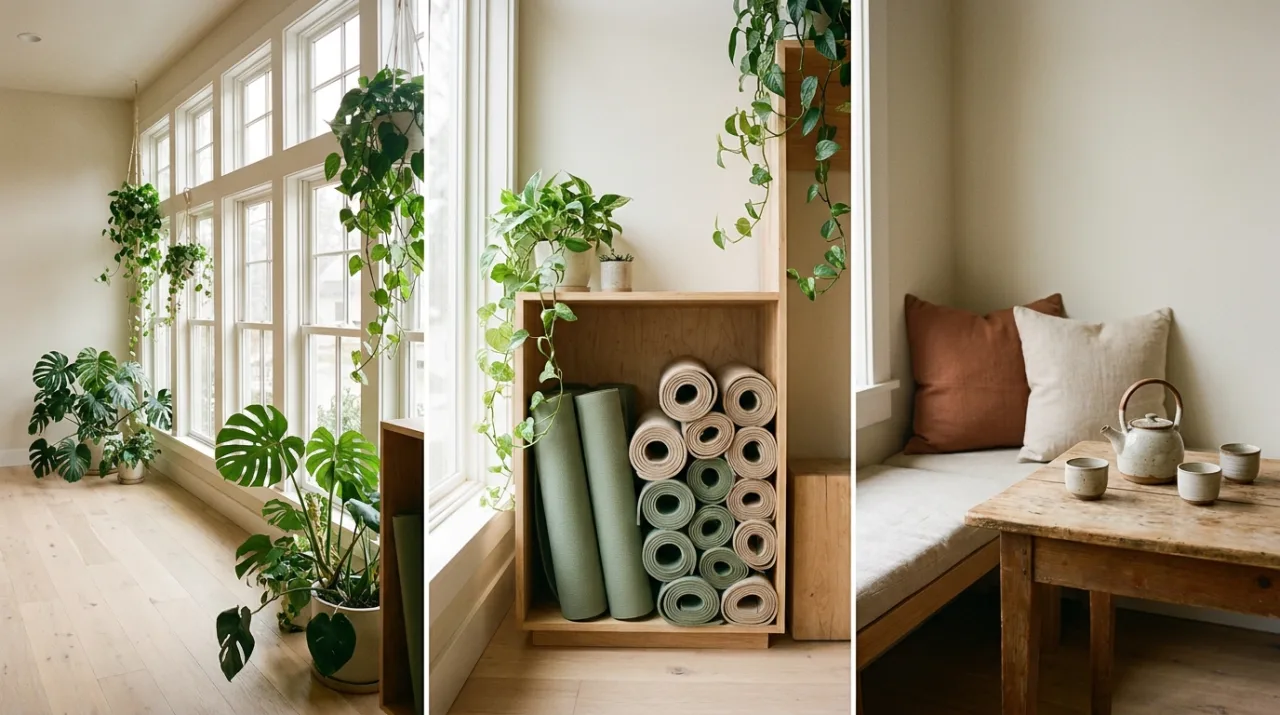 Marigold's sunlit studio, warm wood floors, tall windows, hanging plants, and rolled mats in a wooden cubby.